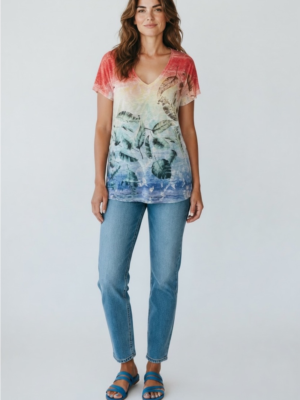 ONE WORLD Ombre V-Neck Tee in Red, Orange, Yellow